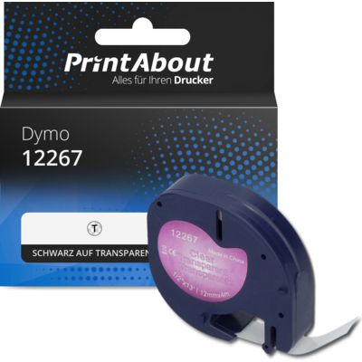Schriftband kompatibel mit Dymo 12267 (S0721530) - (12 mm) - Schwarz auf transparent