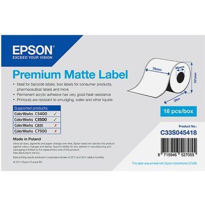 Epson C33S045418 Premium Matte (76mm x 35m) - (Doorlopende rol) - Weiß - Etikett